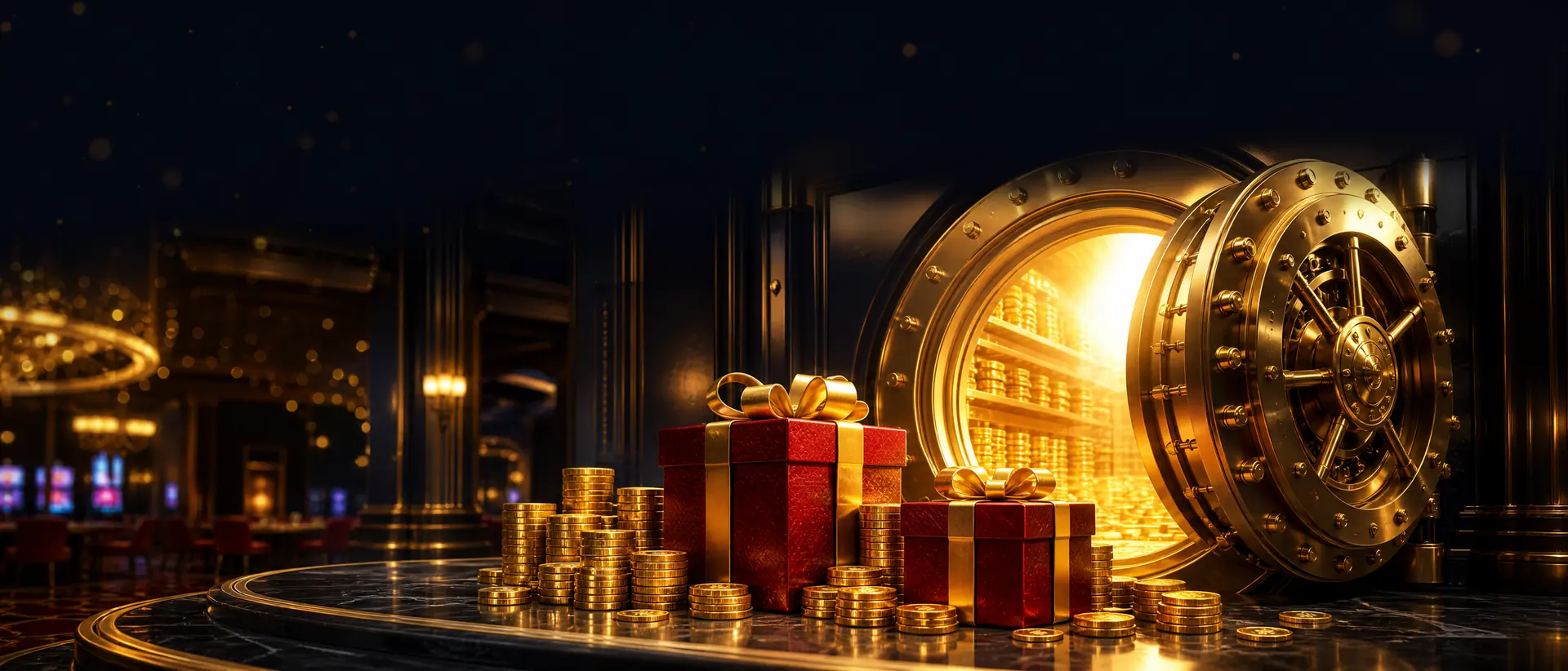 Brankas emas terbuka dengan koin dan hadiah
