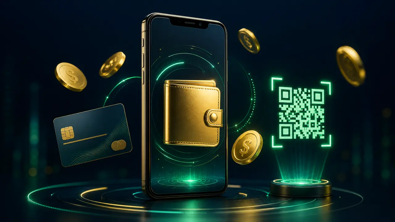 Ponsel dengan dompet digital dan koin emas sebagai simbol pembayaran digital