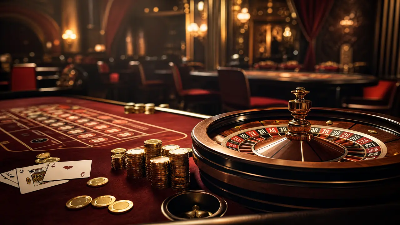Meja live casino dengan roda roulette dan chip emas