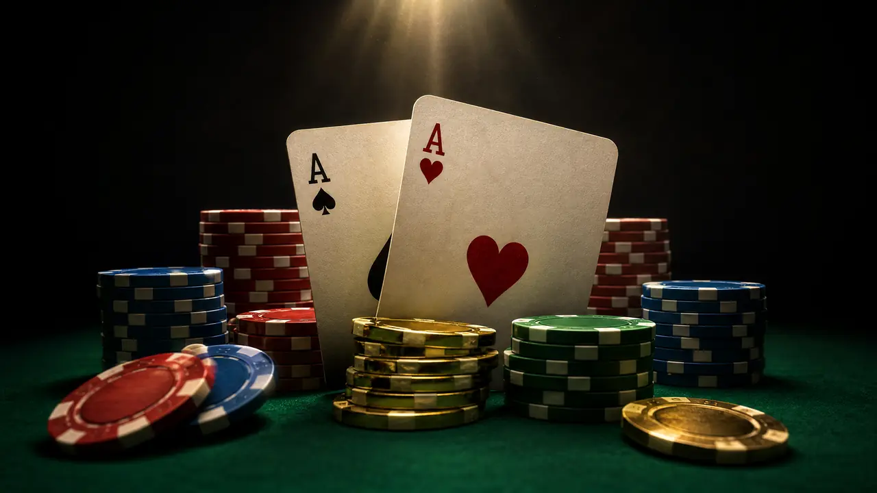 Dua kartu as dengan tumpukan chip poker warna-warni