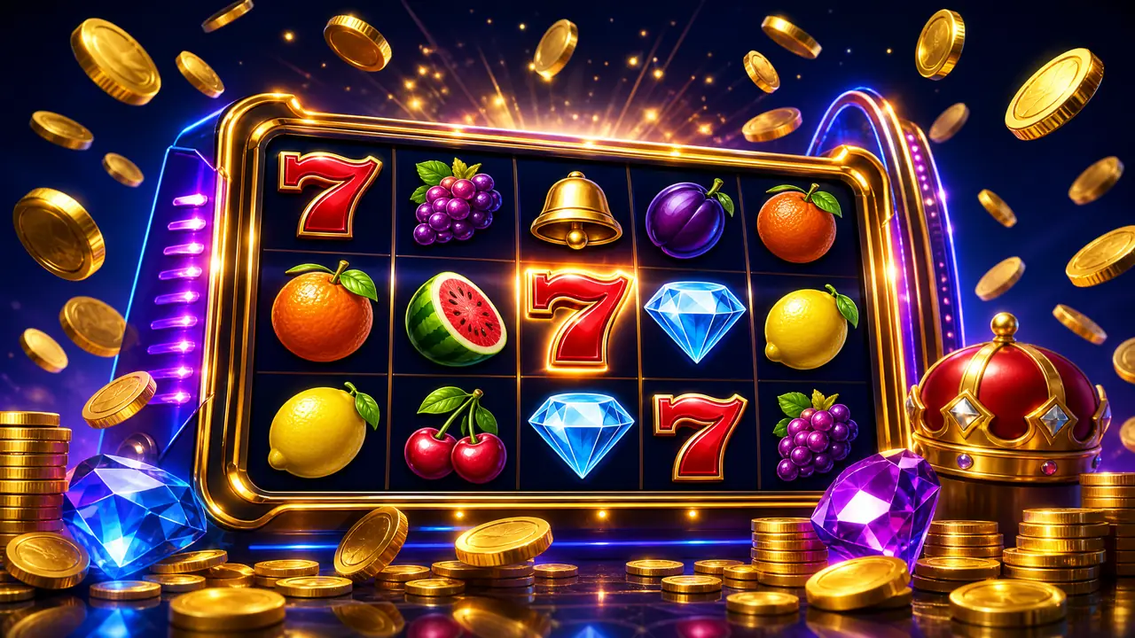 Ilustrasi mesin slot online dengan koin emas dan simbol 777