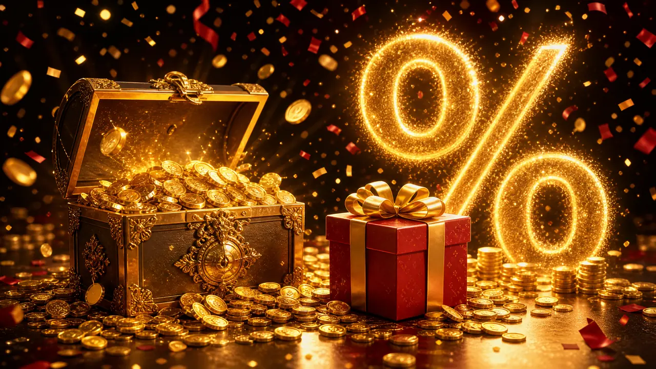 Peti harta karun emas dengan koin dan kotak hadiah